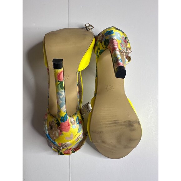 Yellow Floral T-Strap High Heels With Ankle Strap & 4.5" Stiletto Heel - Picture 7 of 7